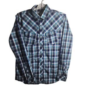 Express Mens Plaid Long Sleeve Snap‎ Button Front Shirt Blue Black White Size L